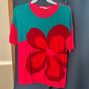 Soft Surroundings Red and Pink Floral Short Sleeve Top